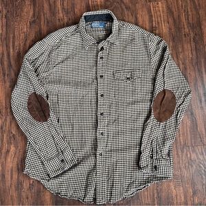 Polo Ralph Lauren Button Shirt XL Men’s Flannel Elbow Patch Black Tan Checkered